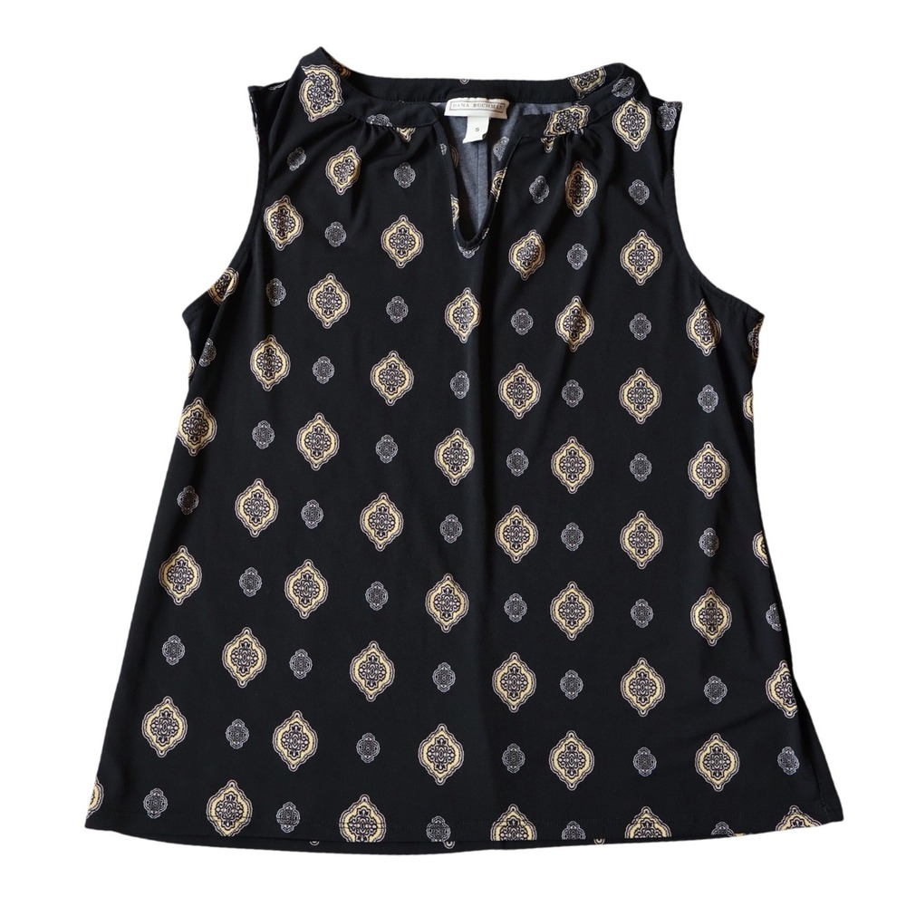 Dana Buchman Black Medallion Print Sleeveless Blouse Split Neck Top Small